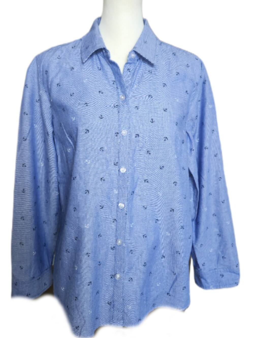 Croft & Barrow, 100% Cotton, Long Sleeved, Button Down, Denim Blue Blouse, L - Picture 2 of 8